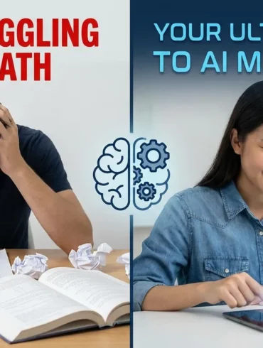 Split image showing a frustrated student struggling with math and a student using an AI math tutor on a tablet.