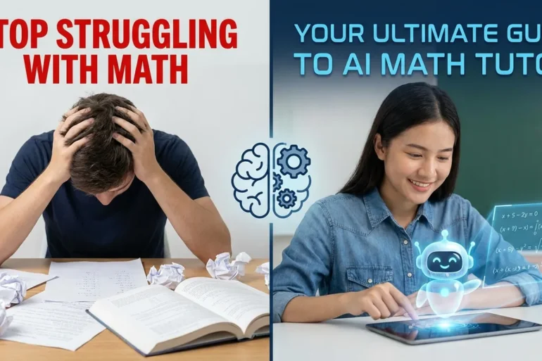 Split image showing a frustrated student struggling with math and a student using an AI math tutor on a tablet.