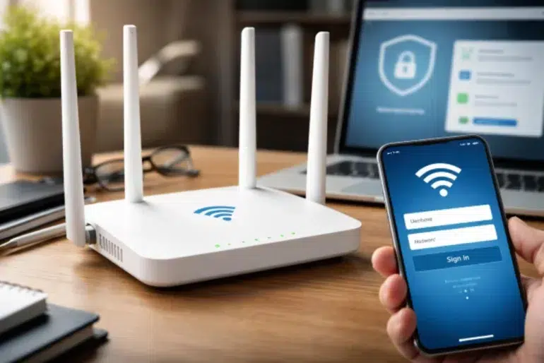 Technewztop.com Wifi login page guide showing sign in, password reset, and security settings on router and mobile.