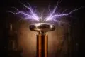 Tesla Transzformátor setup showing a resonant high-voltage coil with a toroidal top load producing visible electrical arcs