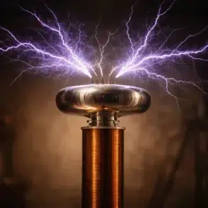 Tesla Transzformátor setup showing a resonant high-voltage coil with a toroidal top load producing visible electrical arcs