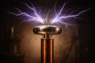 Tesla Transzformátor setup showing a resonant high-voltage coil with a toroidal top load producing visible electrical arcs