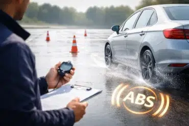 ABS Testauslösung diagnostic check on a modern car braking system with scan tool and wheel speed sensor data