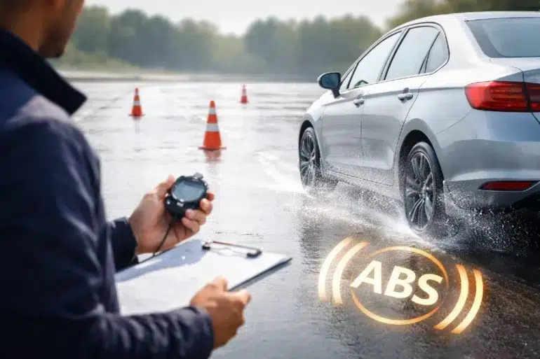 ABS Testauslösung diagnostic check on a modern car braking system with scan tool and wheel speed sensor data