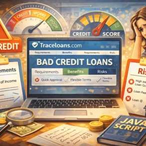 Illustration of a laptop displaying bad credit loans on Traceloans.com, surrounded by credit score meters, money, documents, and a JavaScript book.