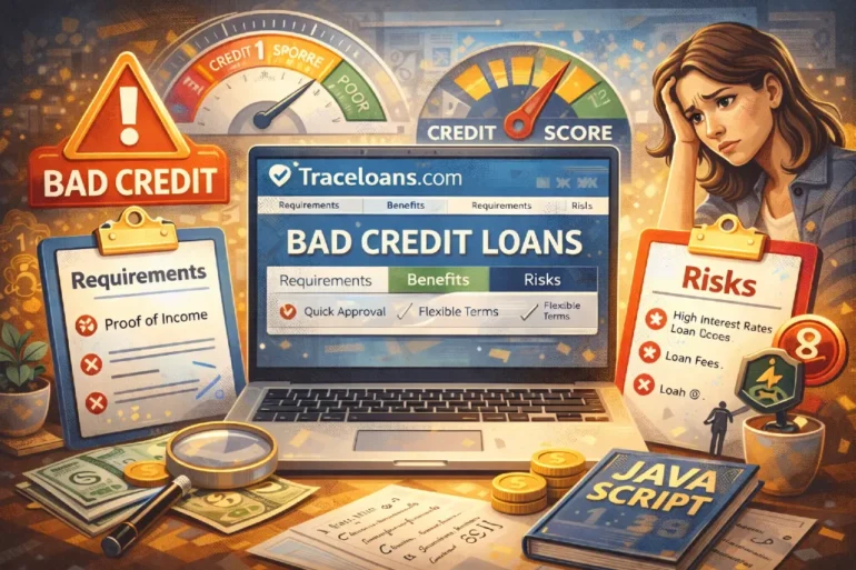 Illustration of a laptop displaying bad credit loans on Traceloans.com, surrounded by credit score meters, money, documents, and a JavaScript book.