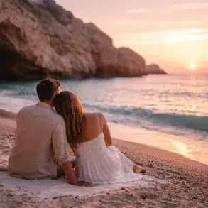 Traganou Beach Rhodes clear blue water rocky coast and cave view in the evening
