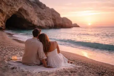 Traganou Beach Rhodes clear blue water rocky coast and cave view in the evening