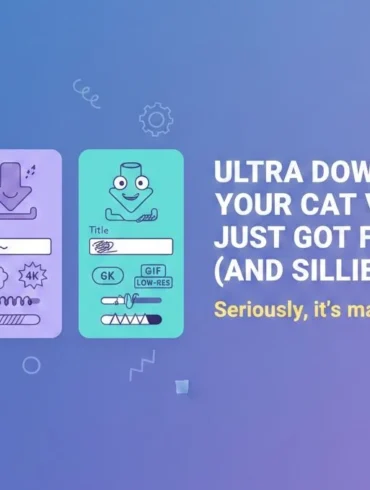 "Ultra Downloader," highlighting faster downloads for cat videos, featuring playful icons and colorful design elements.