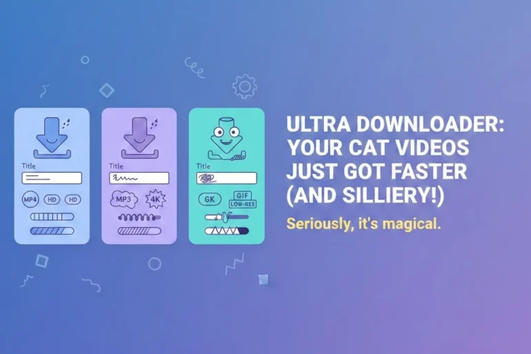 "Ultra Downloader," highlighting faster downloads for cat videos, featuring playful icons and colorful design elements.