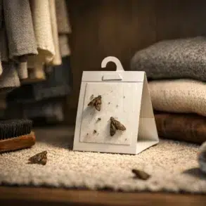 Webbing Moth Traps placed in a closet near wool clothing for monitoring clothes moth activity