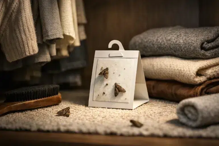 Webbing Moth Traps placed in a closet near wool clothing for monitoring clothes moth activity