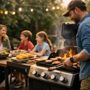 Weber Genesis 2 gas grill set up for outdoor cooking with two-zone heat on a backyard patio