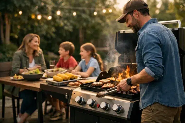 Weber Genesis 2 gas grill set up for outdoor cooking with two-zone heat on a backyard patio