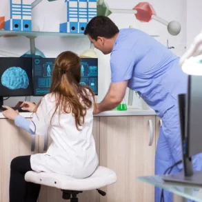 Two healthcare professionals in a lab study brain scans and DNA on dual monitors. The atmosphere is focused, with digital graphics displayed.