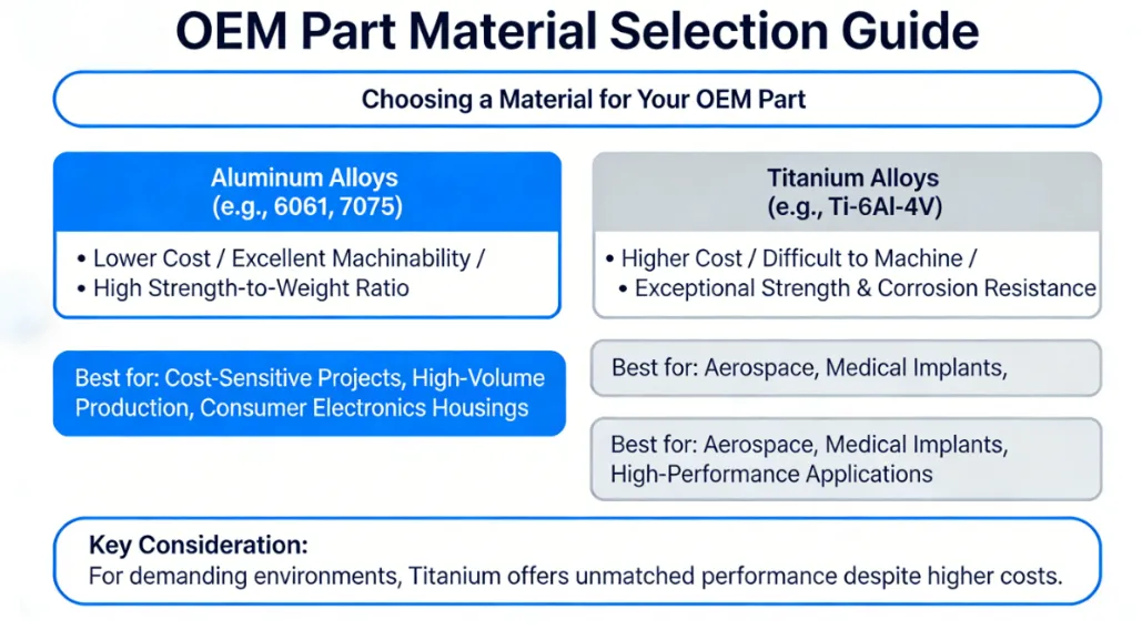 Decision flow chart comparing Aluminum vs Titanium for OEM parts, based on cost, strength, and application needs.
