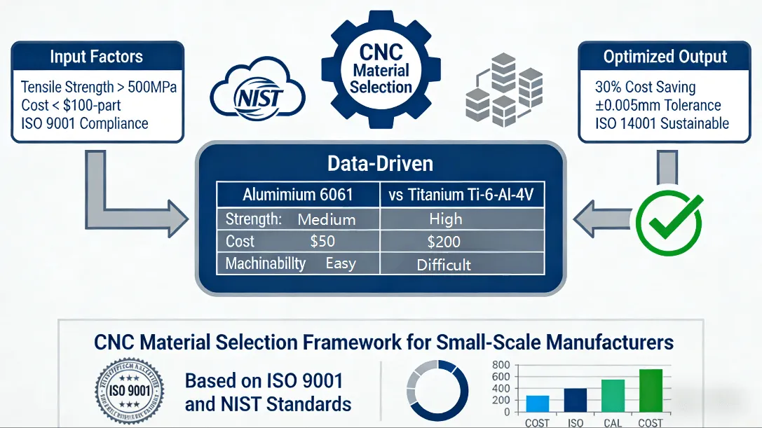 Flowchart illustrating a data-driven CNC material selection framework for small-scale industrial equipment manufacturers, integrating factors like strength, cost, and ISO standards to optimize outcomes.