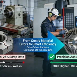 Comparison between traditional CNC material selection errors causing high scrap rates and smart manufacturing with precision partners enabling 30% higher efficiency through data-driven standards like ISO certification.