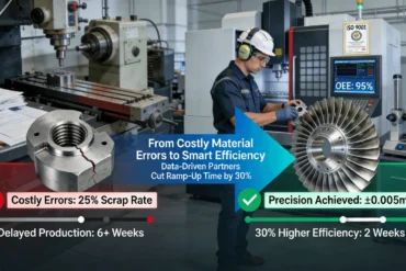 Comparison between traditional CNC material selection errors causing high scrap rates and smart manufacturing with precision partners enabling 30% higher efficiency through data-driven standards like ISO certification.