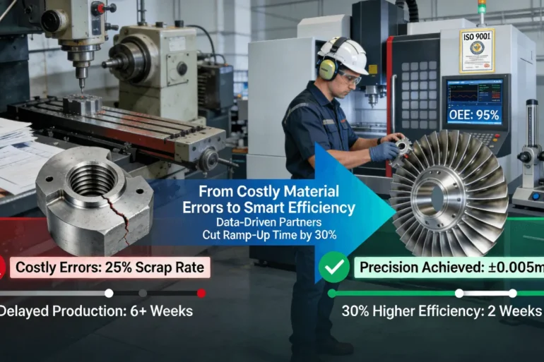 Comparison between traditional CNC material selection errors causing high scrap rates and smart manufacturing with precision partners enabling 30% higher efficiency through data-driven standards like ISO certification.