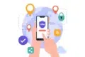 Illustration of a hand tapping a phone screen displaying a VPN app, with a globe, location pins, and security icons, symbolizing internet security.