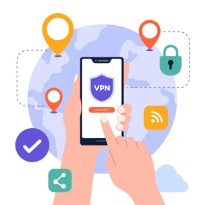 Illustration of a hand tapping a phone screen displaying a VPN app, with a globe, location pins, and security icons, symbolizing internet security.