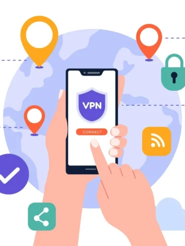 Illustration of a hand tapping a phone screen displaying a VPN app, with a globe, location pins, and security icons, symbolizing internet security.