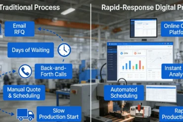 Diagram comparing traditional vs rapid-response CNC machining workflow for OEMs, showing time savings with digital online platform.