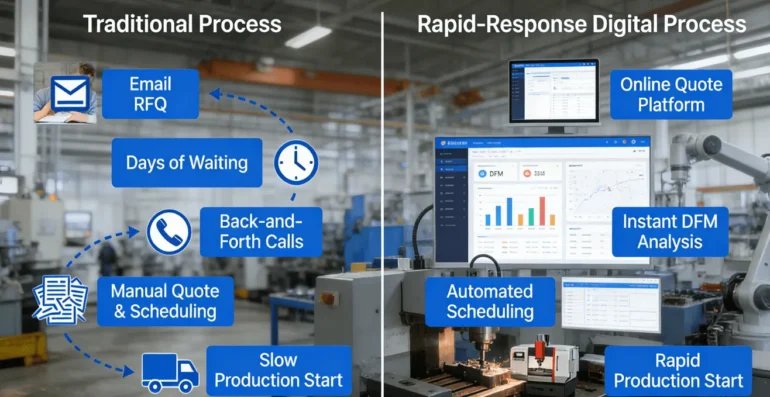 Diagram comparing traditional vs rapid-response CNC machining workflow for OEMs, showing time savings with digital online platform.