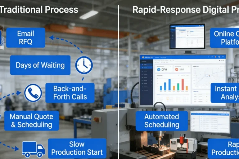 Diagram comparing traditional vs rapid-response CNC machining workflow for OEMs, showing time savings with digital online platform.