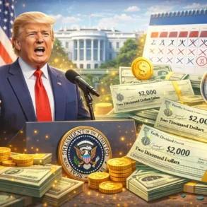 A speaker at a podium surrounded by stacks of money, gold coins, and a calendar, with the White House in the background.