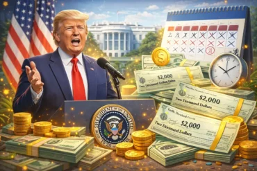 A speaker at a podium surrounded by stacks of money, gold coins, and a calendar, with the White House in the background.