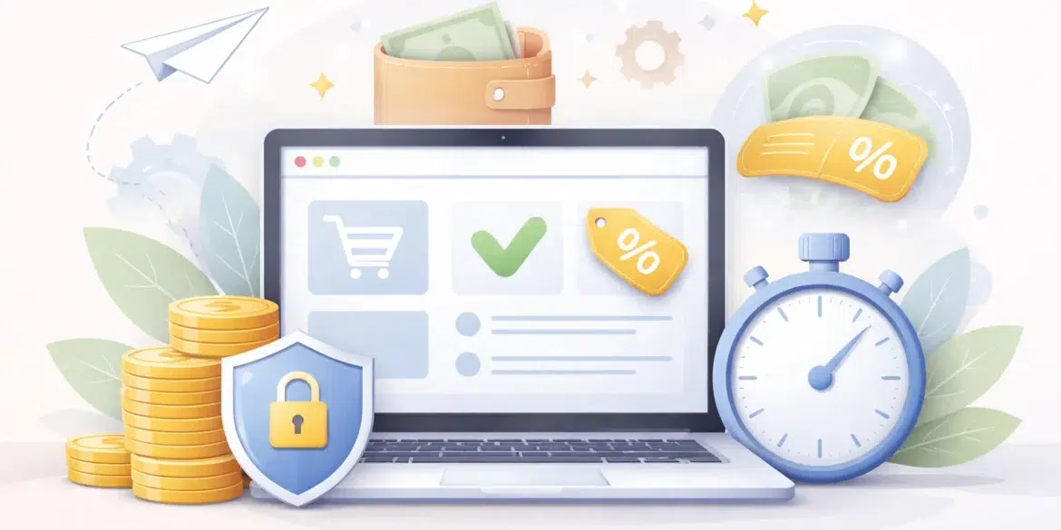 A laptop with icons indicating online shopping, a wallet, stopwatch, coins, and security shield. Represents e-commerce and savings.