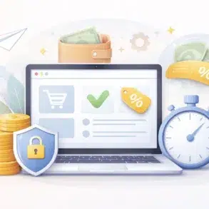 A laptop with icons indicating online shopping, a wallet, stopwatch, coins, and security shield. Represents e-commerce and savings.