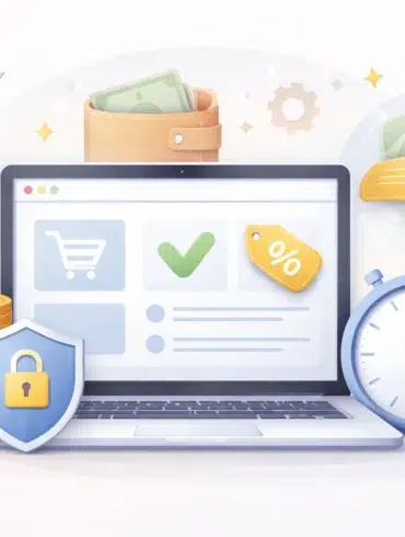 A laptop with icons indicating online shopping, a wallet, stopwatch, coins, and security shield. Represents e-commerce and savings.