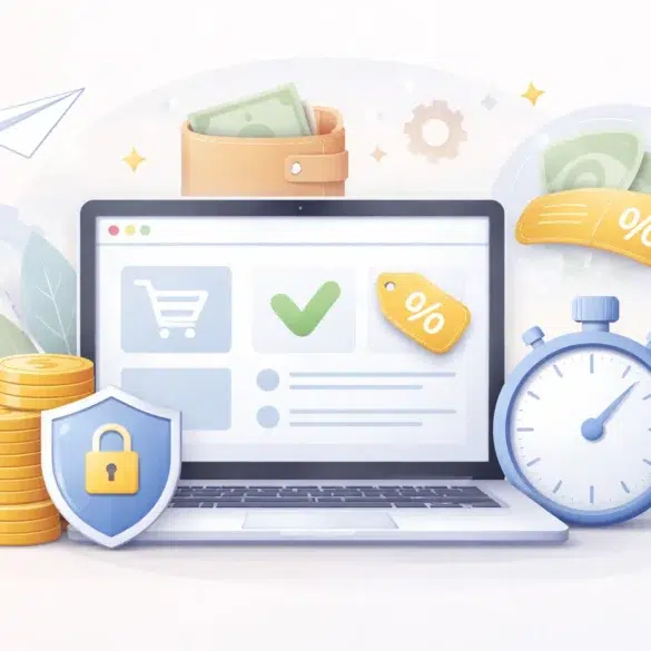 A laptop with icons indicating online shopping, a wallet, stopwatch, coins, and security shield. Represents e-commerce and savings.