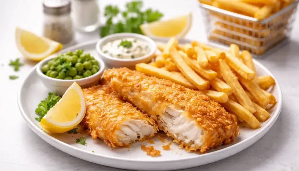 рыба и картофель фри served as classic fish and chips with crispy battered fish, thick cut chips, and malt vinegar