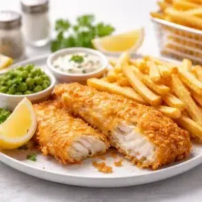 рыба и картофель фри served as classic fish and chips with crispy battered fish, thick cut chips, and malt vinegar
