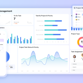 Project management dashboard featuring data charts, a team Gantt chart, and a mobile chat interface, illustrating real-time collaboration and task alignment between integrated teams.