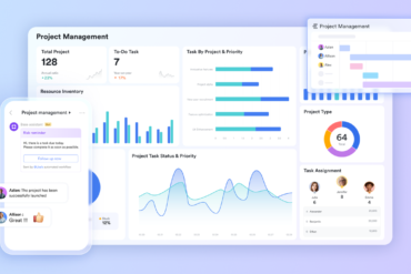 Project management dashboard featuring data charts, a team Gantt chart, and a mobile chat interface, illustrating real-time collaboration and task alignment between integrated teams.