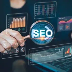 A person holds a magnifying glass revealing "SEO" amidst glowing digital graphs and charts, conveying data analysis and a focus on search engine optimization.