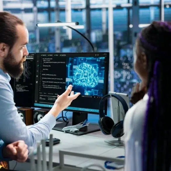 A man and woman discuss artificial intelligence at a workstation. The monitor displays a digital brain. The setting feels collaborative and modern.
