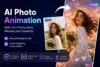 AI photo animation ad featuring a woman in a white dress and straw hat holding flowers, transitioning from a still image to a lively animated scene. Keywords: AI, animation, creative.
