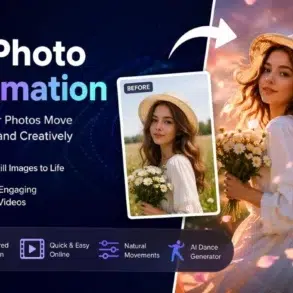 AI photo animation ad featuring a woman in a white dress and straw hat holding flowers, transitioning from a still image to a lively animated scene. Keywords: AI, animation, creative.