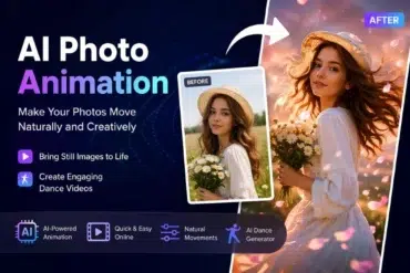 AI photo animation ad featuring a woman in a white dress and straw hat holding flowers, transitioning from a still image to a lively animated scene. Keywords: AI, animation, creative.