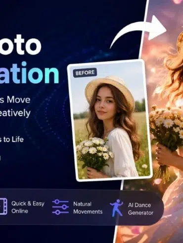 AI photo animation ad featuring a woman in a white dress and straw hat holding flowers, transitioning from a still image to a lively animated scene. Keywords: AI, animation, creative.