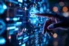 A hand reaching toward a glowing "SEO" on a futuristic digital interface filled with graphs and data, conveying a sense of technology and innovation.