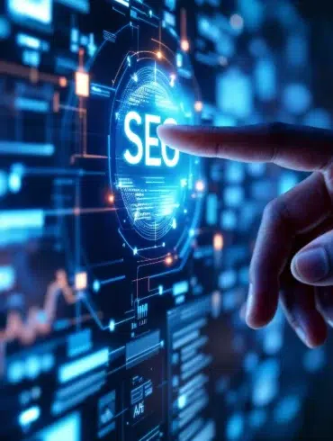 A hand reaching toward a glowing "SEO" on a futuristic digital interface filled with graphs and data, conveying a sense of technology and innovation.