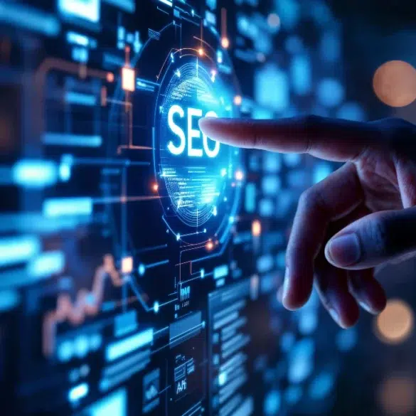 A hand reaching toward a glowing "SEO" on a futuristic digital interface filled with graphs and data, conveying a sense of technology and innovation.