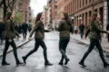 A woman in a green jacket and jeans is shown in four walking poses on a wet city street. The background features blurred city buildings and pedestrians.
